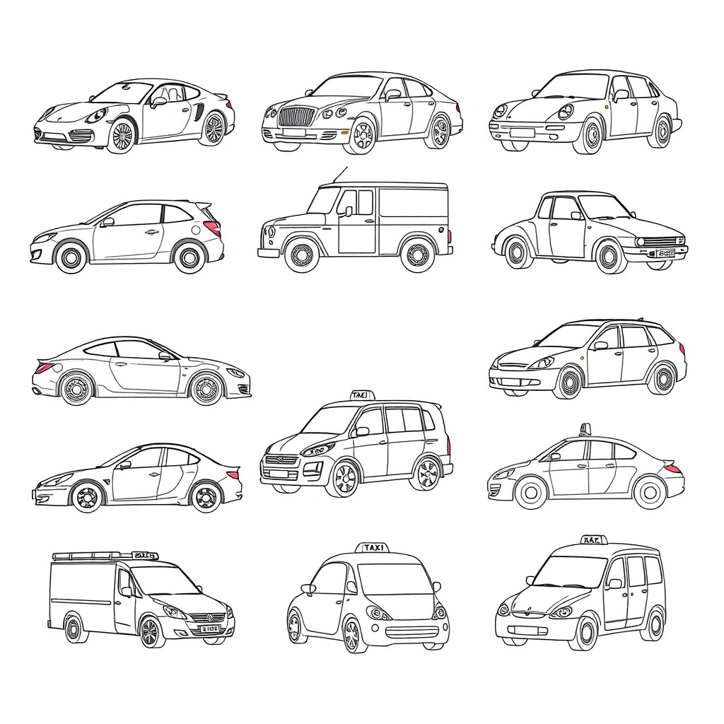 10 simple and clean line drawings of diverse cars, all sharing the same artistic style, designed for coloring pages for children