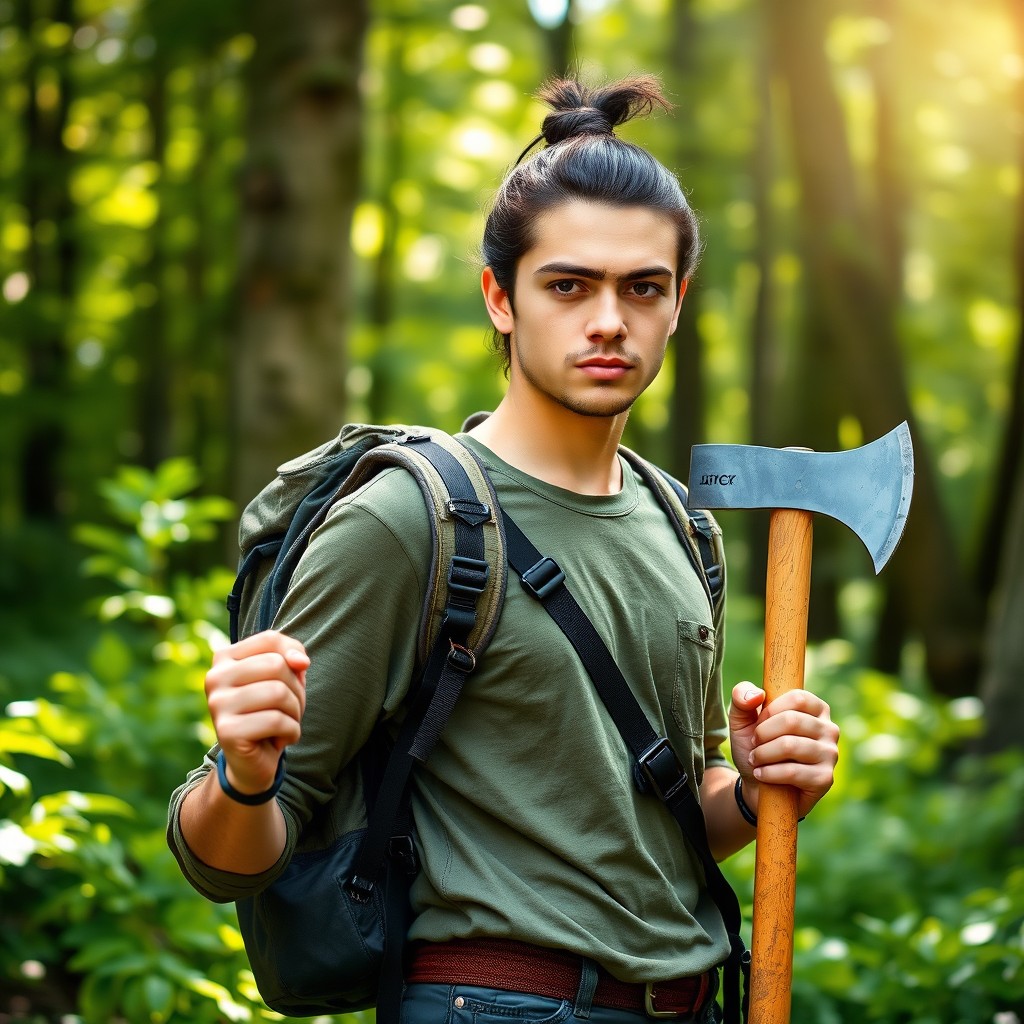 A young man in his 20s with a dark brown dreaded ponytail, wearing a casual outfit suitable for outdoor adventures