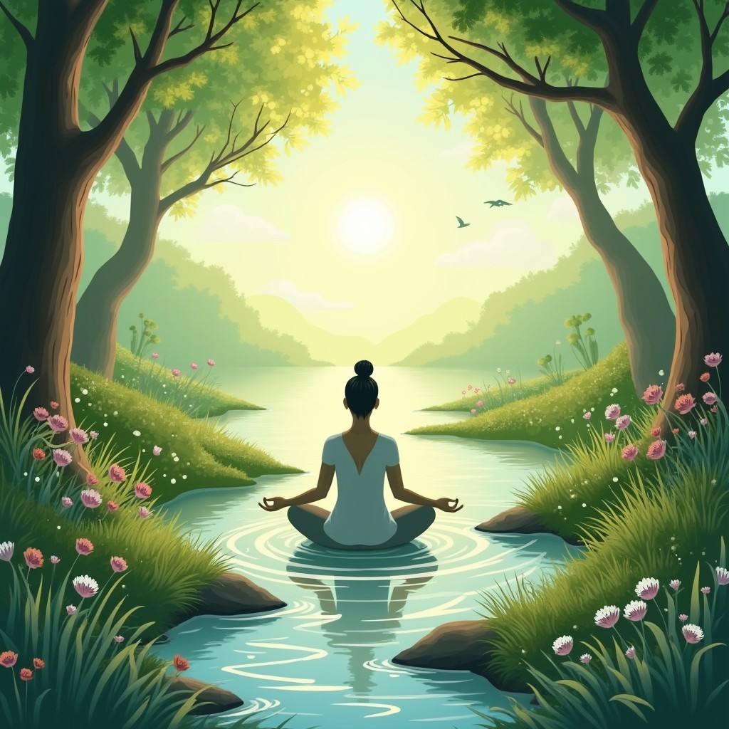 An illustration of a serene and calming environment symbolizing natural healing, featuring a person meditating surrounded by lush greenery, gentle sunlight filtering through the trees, and flowing water in the background