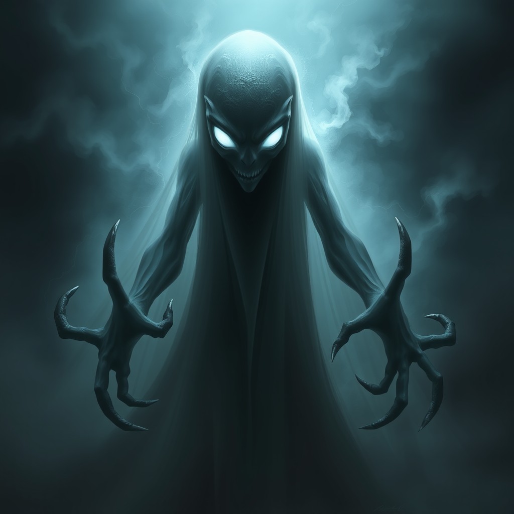 A large, dark and ghostly humanoid entity, lacking a mouth and nose, featuring glowing white eyes and multiple elongated fingers