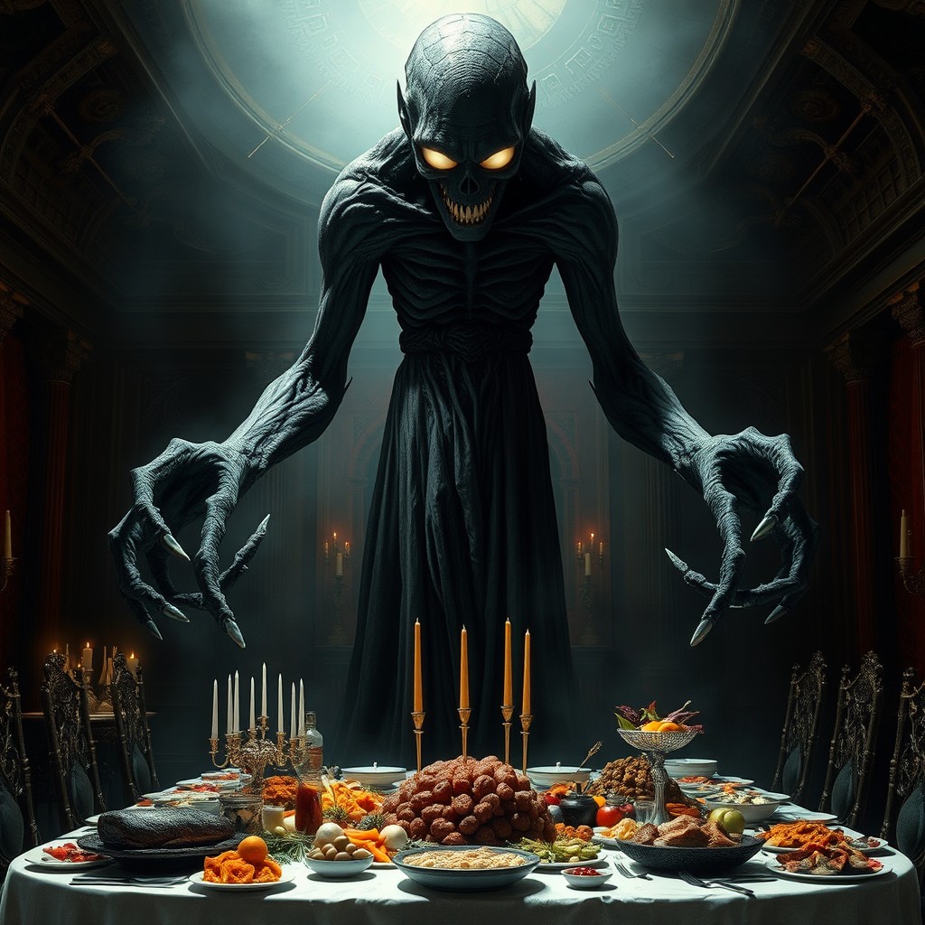 A large, dark and ghostly humanoid entity in a Lovecraftian style, lacking a mouth and nose, featuring glowing white eyes and multiple elongated fingers