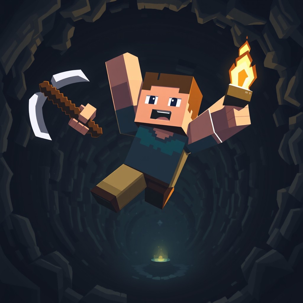 A Minecraft character falling into an abyss, holding a pickaxe in one hand that is flying out of their grasp, while the other hand is tightly gripping a torch