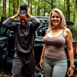 Next to an SUV in a forest, a young black woman, 25 years old with very dark skin, is in a distressed pose, holding her hands on her head and screaming as if in madness