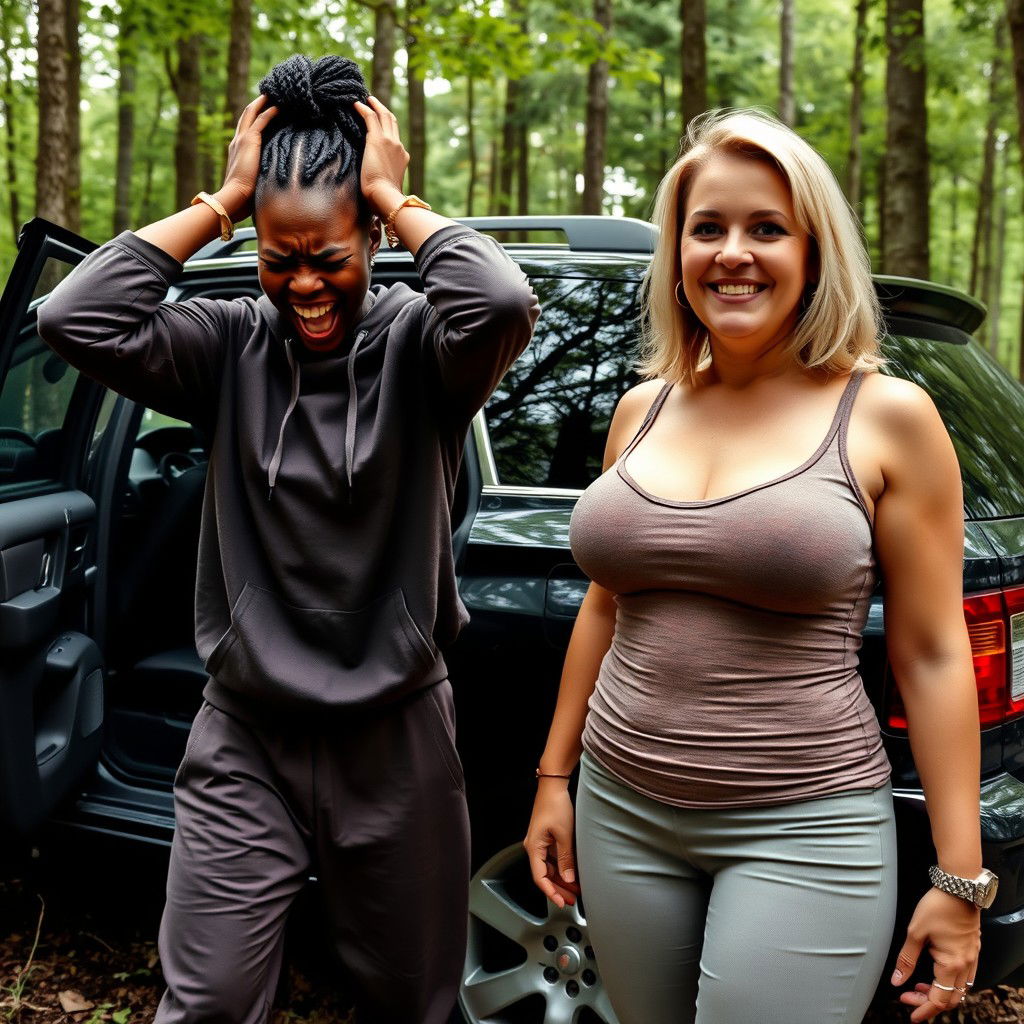 Next to an SUV in a forest, a young black woman, 25 years old with very dark skin, is in a distressed pose, holding her hands on her head and screaming as if in madness