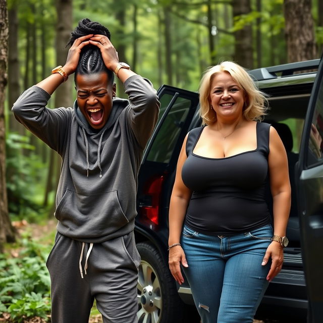 Next to an SUV in a forest, a young black woman, 25 years old with very dark skin, is in a distressed pose, holding her hands on her head and screaming as if in madness