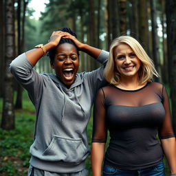 In the middle of a forest, a young black woman, 25 years old with very dark skin, is in a distressed pose with her hands on her head, mouth wide open in a frantic scream