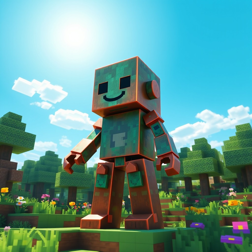 A copper golem from Minecraft, designed in a stylized 3D blocky art style