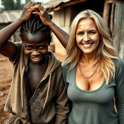 In a poor African village, a desperate young African woman, 20 years old, with very dark skin, looks distressed with her hands on her head