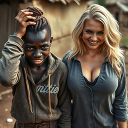 In a poor African village, a desperate young African woman, 20 years old, with very dark skin, looks distressed with her hands on her head