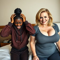 In a hotel room, a desperate young African woman, 20 years old, with very dark skin, appears distraught with her hands on her head