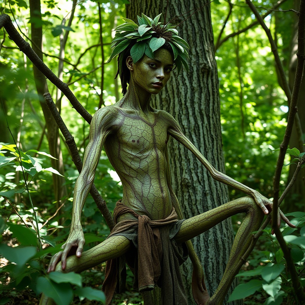 A person embodying the characteristics of a stick insect, featuring long, slender limbs and a body that mimics the texture and color of tree bark