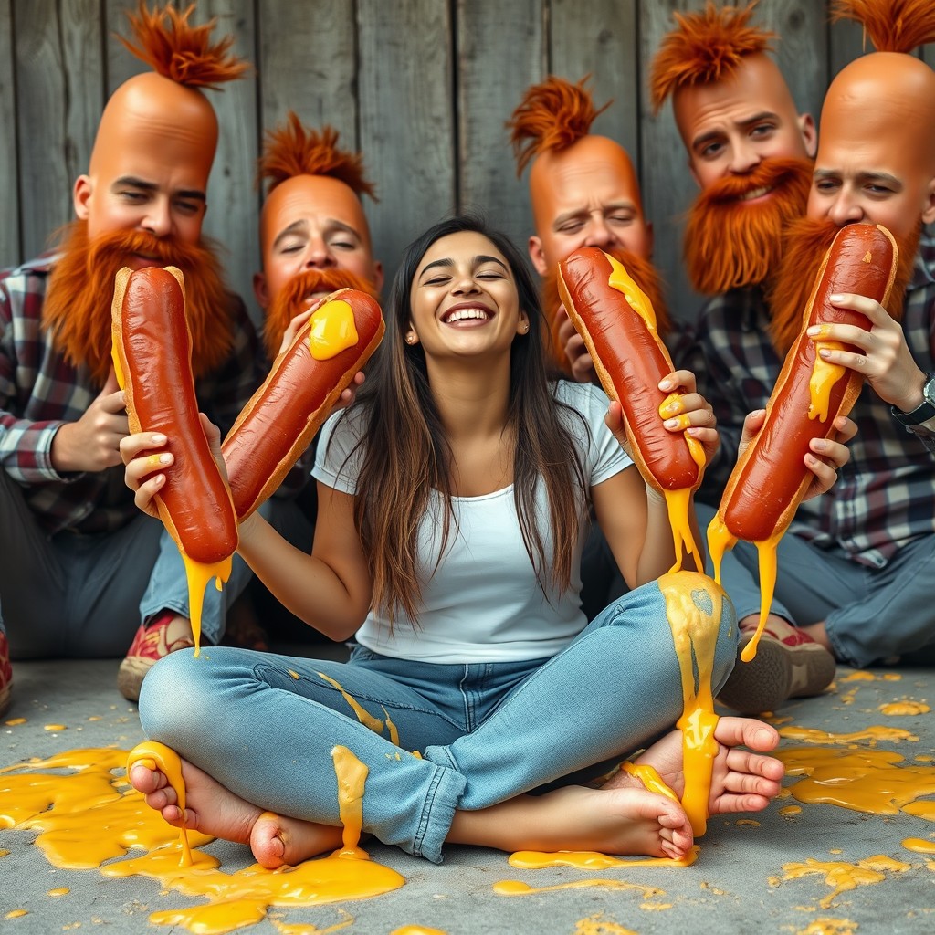 A beautiful young Latina woman, 18 years old, sitting cross-legged on the ground with a joyful expression and her eyes closed, surrounded by comically exaggerated redneck men who have red hair and oversized, silly kielbasa-shaped heads