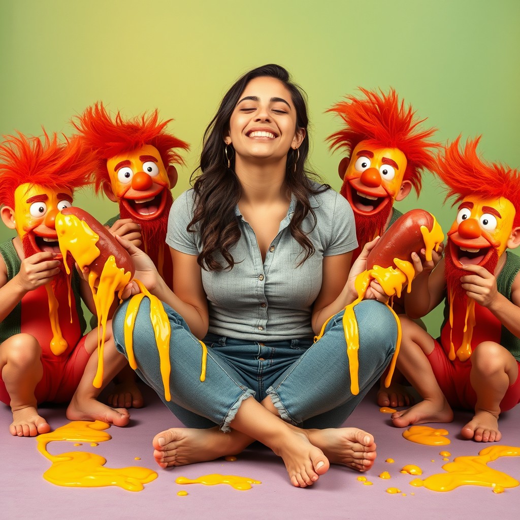 A vibrant and whimsical scene featuring a confident Latina woman who is 18 years old, sitting comfortably in a criss-cross position