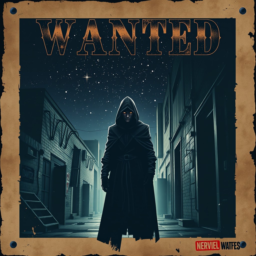 A stylish, sleek, and modern wanted poster featuring a mysterious character in a dark cloak standing in a shadowy alley