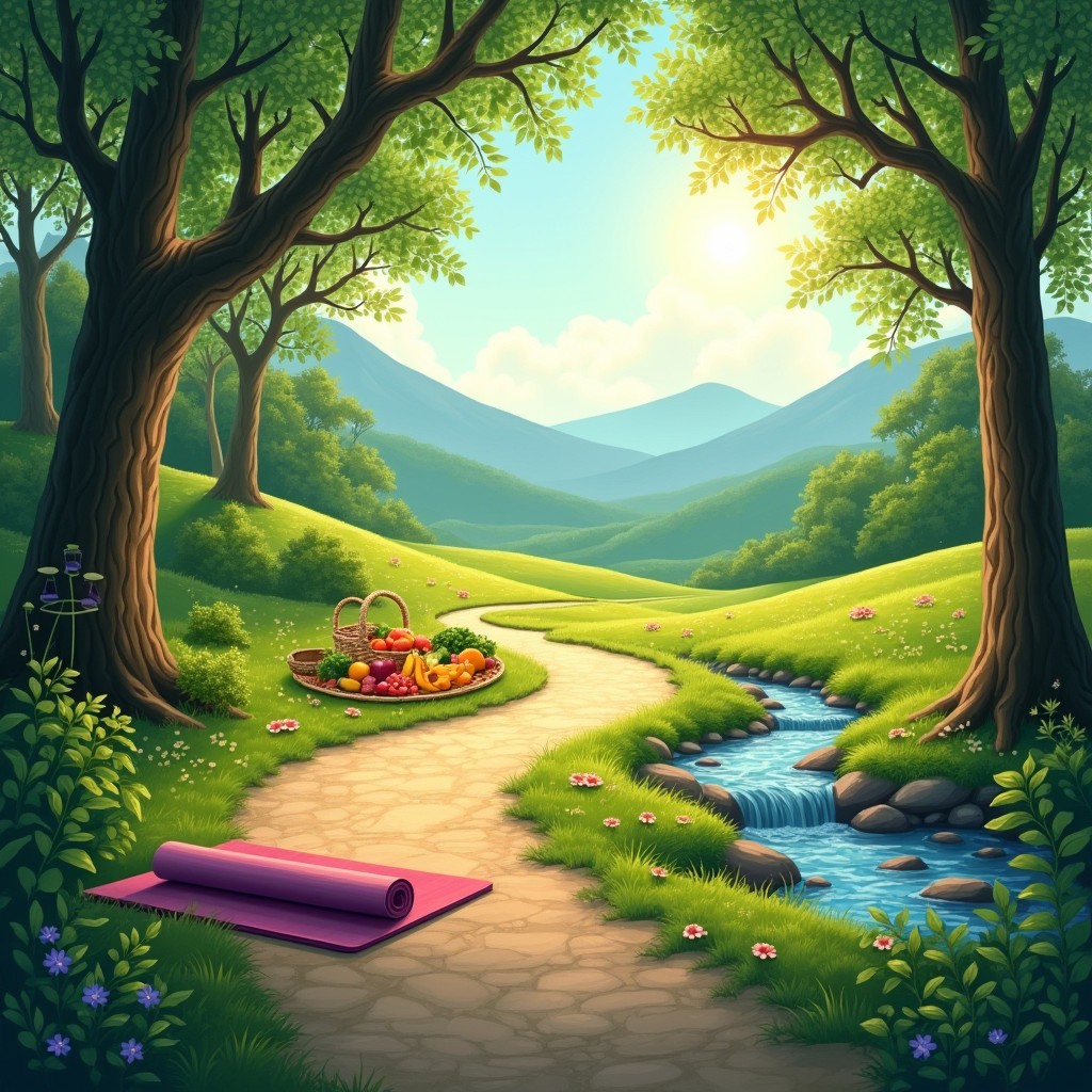 A serene landscape depicting a balanced path winding through a lush forest, symbolizing harmony in health and life