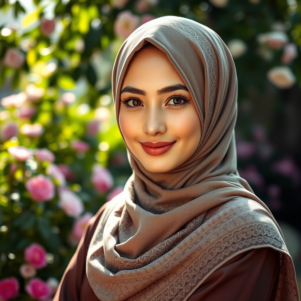A portrait of a beautiful Muslim woman wearing an elegant hijab, adorned with intricate patterns