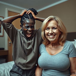 In a hotel room, depict a scene featuring a 20-year-old malnourished African woman with very dark skin, looking desperate with her hands on her head