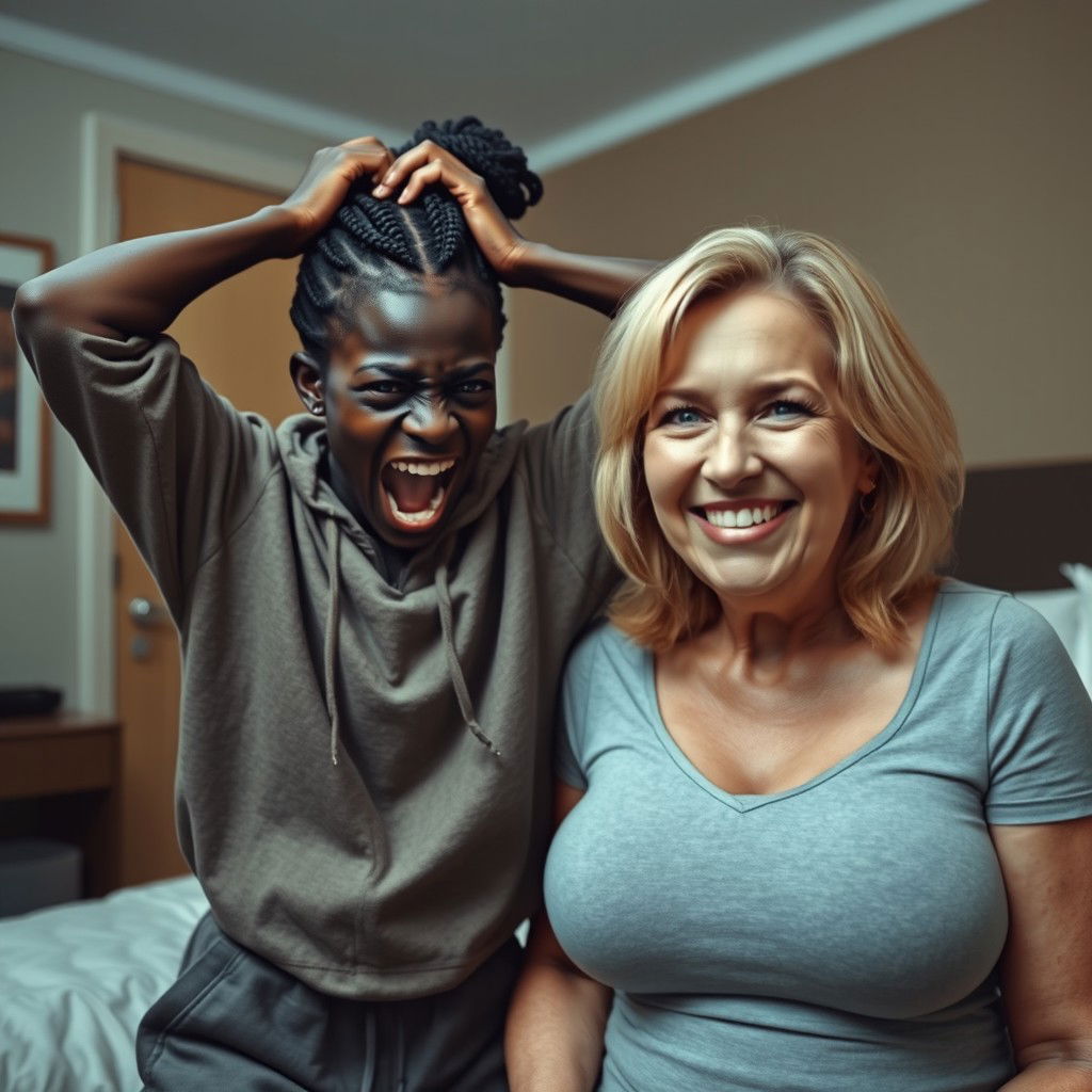 In a hotel room, depict a scene featuring a 20-year-old malnourished African woman with very dark skin, looking desperate with her hands on her head