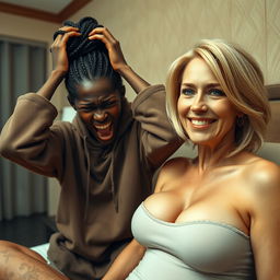 In a hotel room, depict a scene featuring a 20-year-old malnourished African woman with very dark skin, looking desperate with her hands on her head