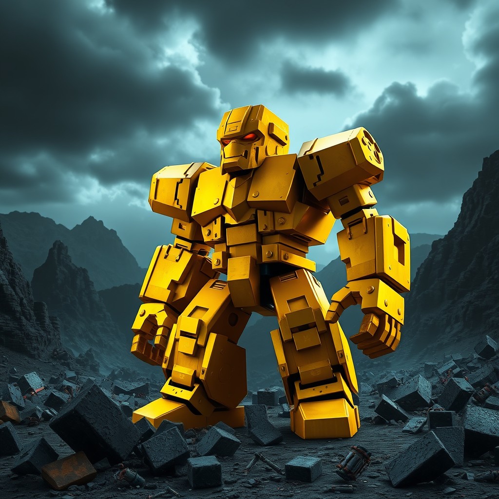A golden golem from Minecraft with a slightly brutal aesthetic, characterized by a strong and imposing presence