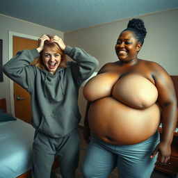 In a hotel room, a chaotic scene unfolds featuring a young 20-year-old woman with medium blonde hair styled in a messy look and bright blue eyes