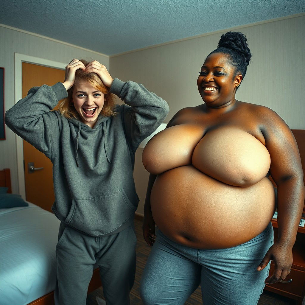 In a hotel room, a chaotic scene unfolds featuring a young 20-year-old woman with medium blonde hair styled in a messy look and bright blue eyes