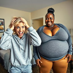 In a hotel room, a chaotic scene unfolds featuring a young 20-year-old woman with medium blonde hair styled in a messy look and bright blue eyes