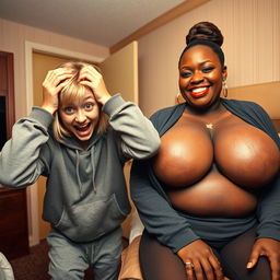 Inside a hotel room, a chaotic scene features a young, frantic 20-year-old woman with medium-length blonde hair, bright blue eyes, and a malnourished appearance