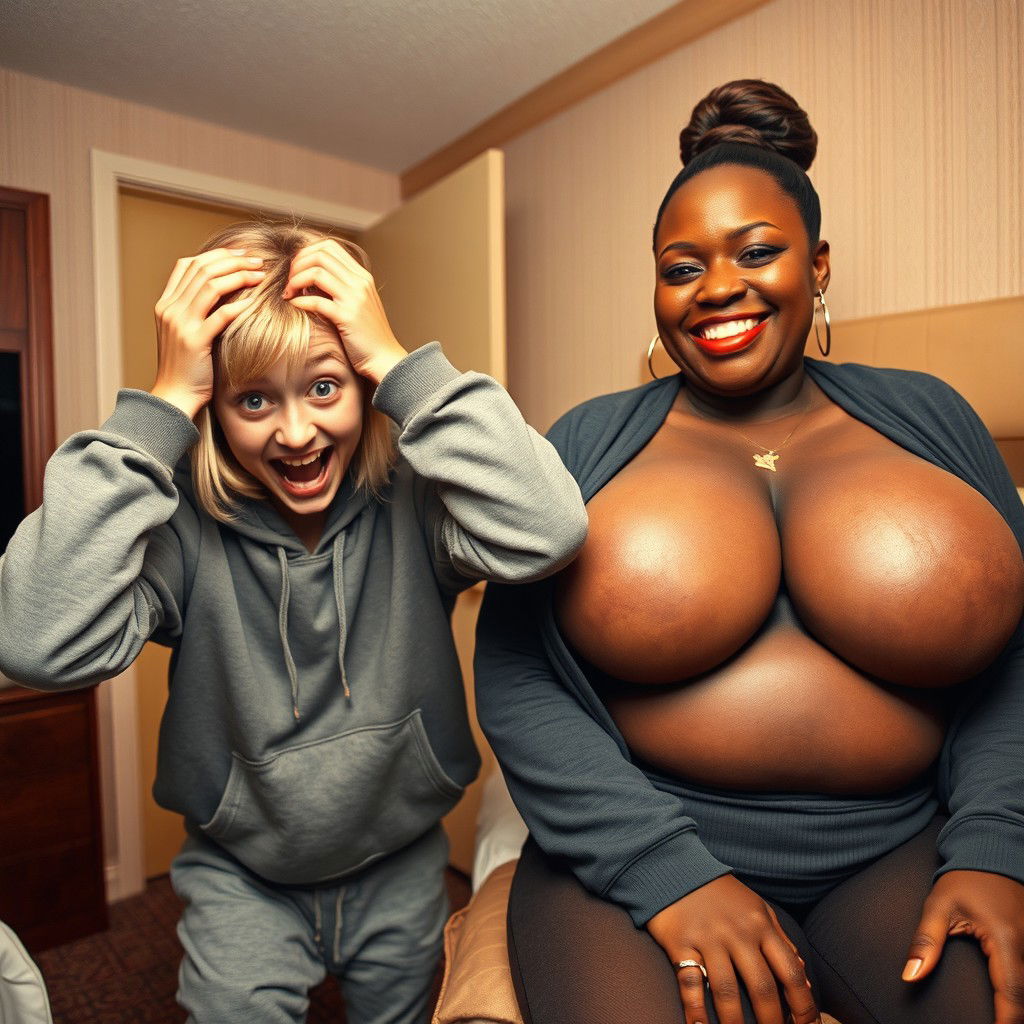 Inside a hotel room, a chaotic scene features a young, frantic 20-year-old woman with medium-length blonde hair, bright blue eyes, and a malnourished appearance
