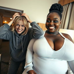 Inside a hotel room, a chaotic scene features a young, frantic 20-year-old woman with medium-length blonde hair, bright blue eyes, and a malnourished appearance
