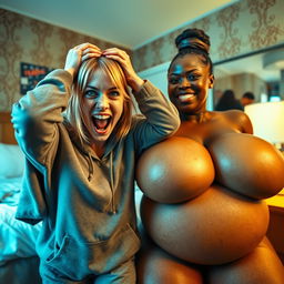 In a hotel room, a chaotic and vibrant scene features a 20-year-old woman with medium-length blonde hair, bright blue eyes, appearing frantic and malnourished