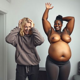 In a room, a young crazy blonde woman, 20 years old, malnourished with medium-length split hair and blue eyes, is holding her head in despair, screaming wildly with a crazy smile