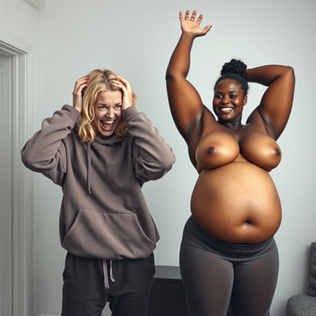 In a room, a young crazy blonde woman, 20 years old, malnourished with medium-length split hair and blue eyes, is holding her head in despair, screaming wildly with a crazy smile