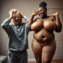 In a room, a young crazy blonde woman, 20 years old, malnourished with medium-length split hair and blue eyes, is holding her head in despair, screaming wildly with a crazy smile