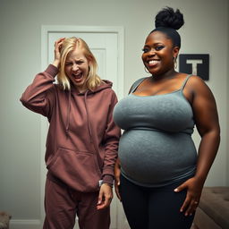 In a room, a young crazy blonde woman, 20 years old, malnourished with medium-length split hair and blue eyes, is holding her head in despair, screaming wildly with a crazy smile