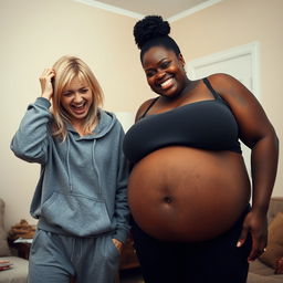 In a room, a young crazy blonde woman, 20 years old, malnourished with medium-length split hair and blue eyes, is holding her head in despair, screaming loudly with a wild smile