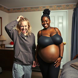 In a motel room, a young crazy blonde woman, 20 years old, malnourished with medium-length split hair and blue eyes, is holding her head in despair, screaming loudly with a wild smile and wide eyes