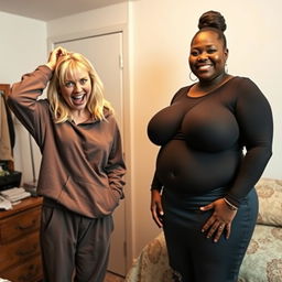 In a motel room, a young crazy blonde woman, 20 years old, malnourished with medium-length split hair and blue eyes, is holding her head in despair, screaming loudly with a wild smile and wide eyes