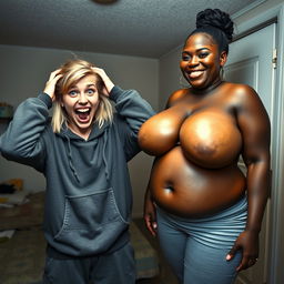 Inside a motel room, a young blonde woman, around 20 years old, with medium-length hair styled in a messy way and bright blue eyes, is in a state of despair, holding her head with both hands, opening her mouth wide as if screaming frantically while smiling