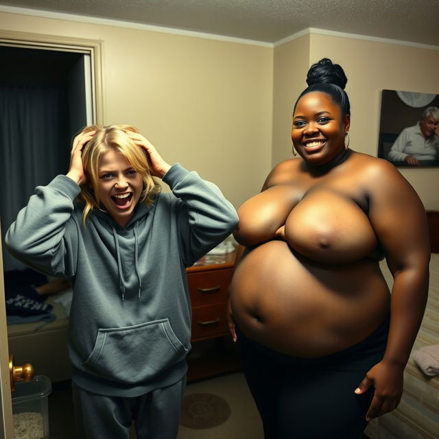 Inside a motel room, a young blonde woman, around 20 years old, with medium-length hair styled in a messy way and bright blue eyes, is in a state of despair, holding her head with both hands, opening her mouth wide as if screaming frantically while smiling