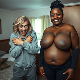 Inside a motel room, a young 20-year-old blonde woman with medium-length messy hair and striking blue eyes is in a state of despair, holding her arms around her bust desperately while screaming wide-mouthed in a frantic yet eerie smile