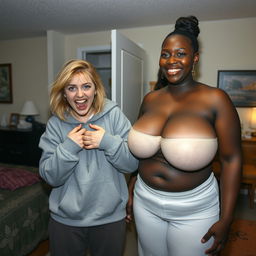 Inside a motel room, a young 20-year-old blonde woman with medium-length messy hair and striking blue eyes is in a state of despair, holding her arms around her bust desperately while screaming wide-mouthed in a frantic yet eerie smile