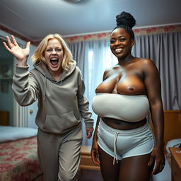 Inside a motel room, a wild young blonde woman, 20 years old, looking thin and desperate, with medium-length blonde hair and blue eyes, is jumping up and down with excitement