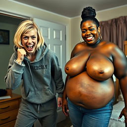 Inside a motel room, a wild young blonde woman, 20 years old, looking thin and desperate, is in a fighting pose, her small stature accentuated