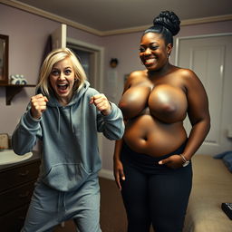 Inside a motel room, a wild young blonde woman, 20 years old, looking thin and desperate, is in a fighting pose, her small stature accentuated