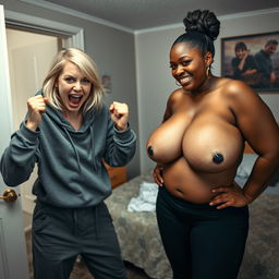 Inside a motel room, a wild young blonde woman, 20 years old, looking thin and desperate, is in a fighting pose, her small stature accentuated