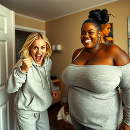 Inside a motel room, a frantic young blonde woman, 20 years old, looking thin and desperate, is in a fighting pose, her short stature emphasized