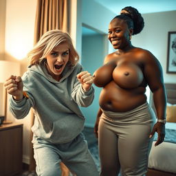 Inside a hotel room, a young, wild and slightly disheveled blonde woman, around 20 years old, with medium-length blonde hair styled in a messy way, large blue eyes wide open, is in a desperate fighting stance, mouth wide open as if screaming wildly