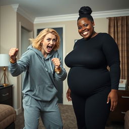 Inside a hotel room, a young, wild and slightly disheveled blonde woman, around 20 years old, with medium-length blonde hair styled in a messy way, large blue eyes wide open, is in a desperate fighting stance, mouth wide open as if screaming wildly