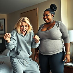 Inside a hotel room, a young, wild and slightly disheveled blonde woman, around 20 years old, with medium-length blonde hair styled in a messy way, large blue eyes wide open, is in a desperate fighting stance, mouth wide open as if screaming wildly